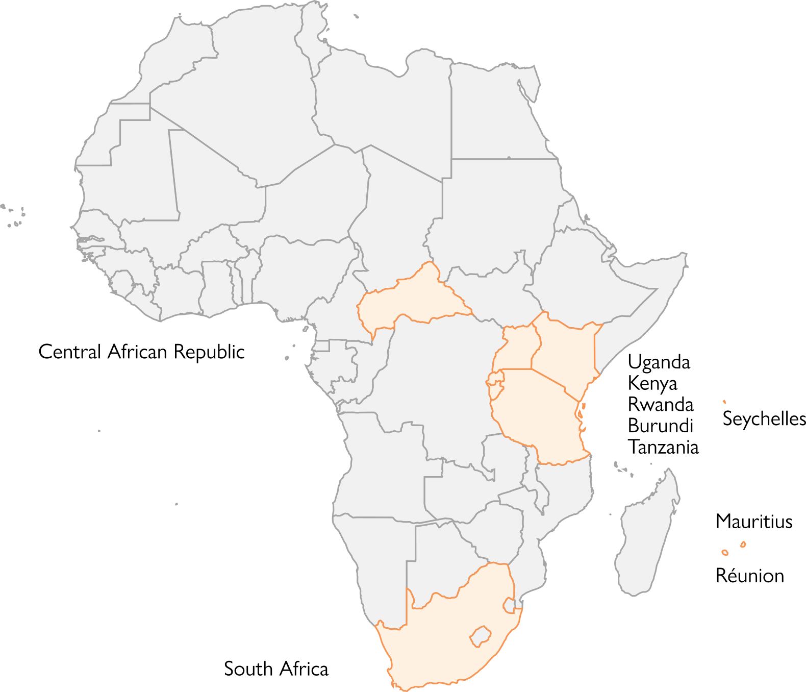 Burundi, the Central African Republic, Kenya, Mauritius, Réunion, Rwanda, Seychelles, South Africa, Tanzania, and Uganda.